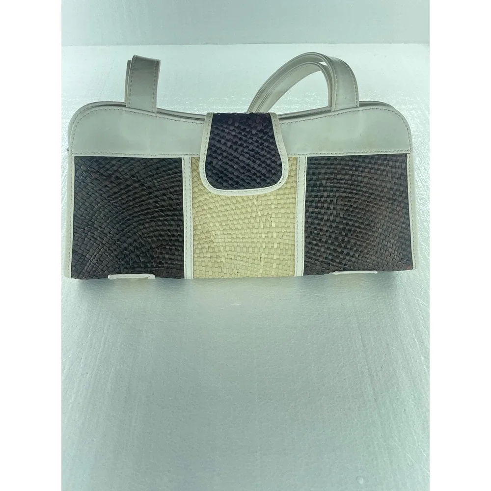 Woven Straw Satchel Bag Top Handle Purse Neutral Colorblock Small